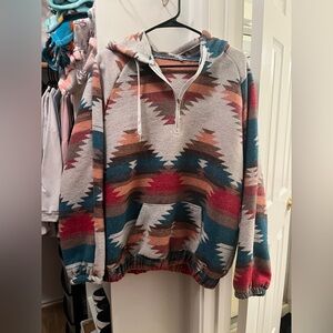 Southwestern Print Half-Zip Hoodie in Teal & Rust